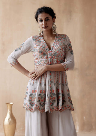 Aman Takyar-Gray Floral Embroidery Kurta And Sharara-INDIASPOPUP.COM