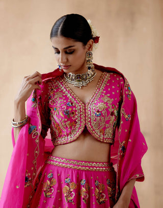 Aman Takyar-Hot Pink Floral Embroidery Lehenga Set-INDIASPOPUP.COM