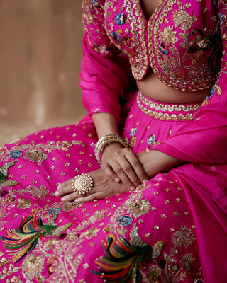 Aman Takyar-Hot Pink Floral Embroidery Lehenga Set-INDIASPOPUP.COM