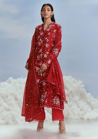 Nachiket Barve-Red Mehtab Bagh Kalidar Kurta Set-INDIASPOPUP.COM