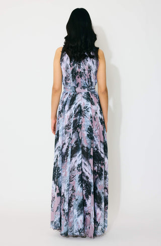 Pink, gray and white toile print long dress