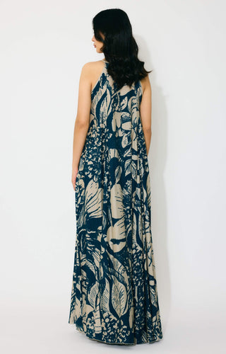 Blue and beige floral sleeveless long dress