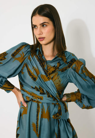 Sky blue and mustard floral wrap shirt dress