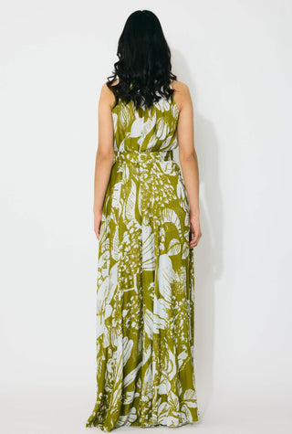 Leaf green and white floral sleeveless long dress