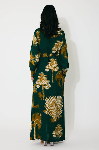 Dark green and mustard floral long shirt dress