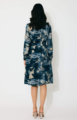 Blue, indigo and beige toile print shirt dress