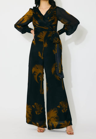 Black and gold floral wrap jumpsuit