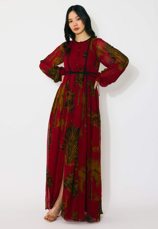 Red, mustard and black floral long shirt dress