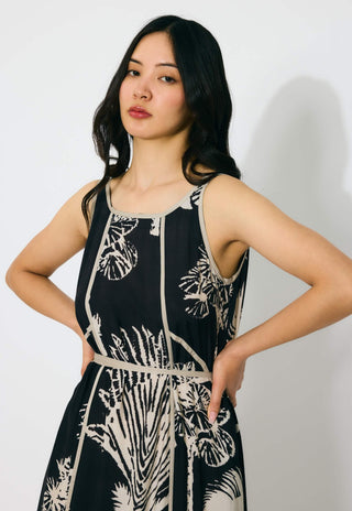 Black and beige floral sleeveless long dress