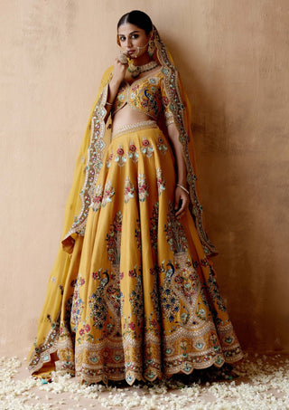 Aman Takyar-Mustard Floral Embroidery Lehenga Set-INDIASPOPUP.COM