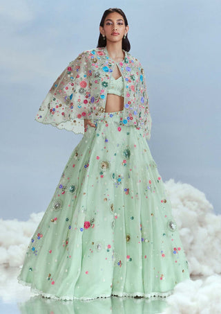 Nachiket Barve-Mint Lunar Blossom Lehenga And Cape Set-INDIASPOPUP.COM