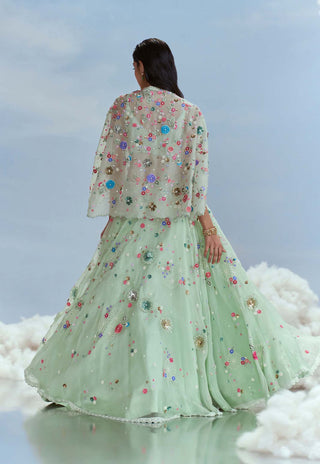 Nachiket Barve-Mint Lunar Blossom Lehenga And Cape Set-INDIASPOPUP.COM
