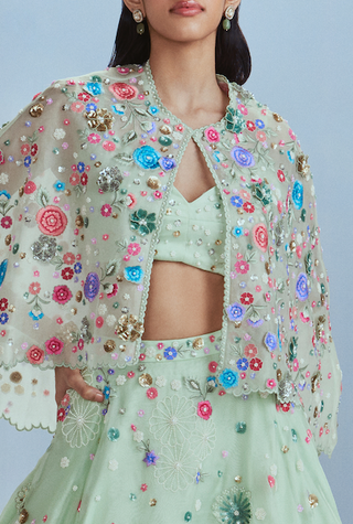 Nachiket Barve-Mint Lunar Blossom Lehenga And Cape Set-INDIASPOPUP.COM