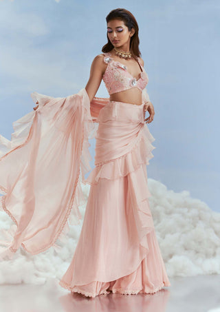 Nachiket Barve-Blush Stitched Ruffle Sari And Blouse-INDIASPOPUP.COM