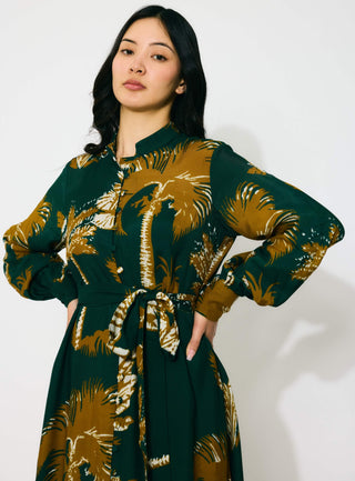 Dark green and mustard floral long shirt dress
