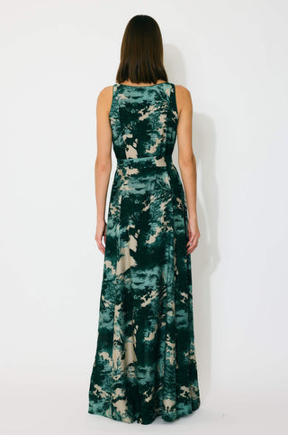 Dark green, mint and beige toil print sleeveless dress