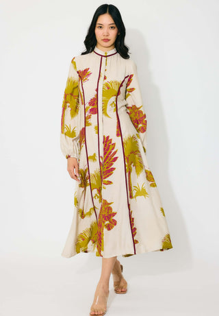 Beige, mustard and hot pink floral shirt dress