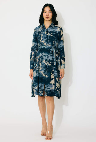 Blue, indigo and beige toile print shirt dress