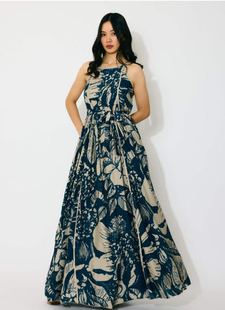 Blue and beige floral sleeveless long dress