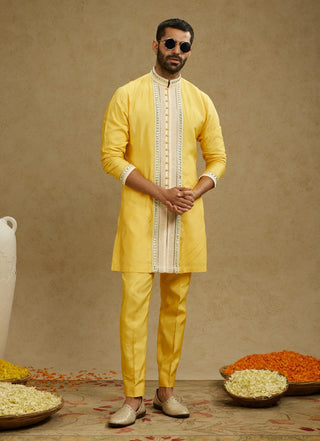 Sva By Sonam And Paras Modi Men Yellow Dandelion Front Open Embroidered Kurta And Pants available on indiaspopup