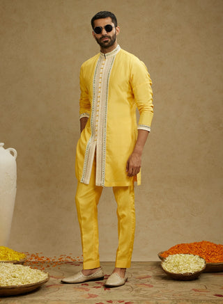 Sva By Sonam And Paras Modi Men Yellow Dandelion Front Open Embroidered Kurta And Pants available on indiaspopup