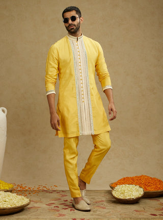 Sva By Sonam And Paras Modi Men Yellow Dandelion Front Open Embroidered Kurta And Pants available on indiaspopup