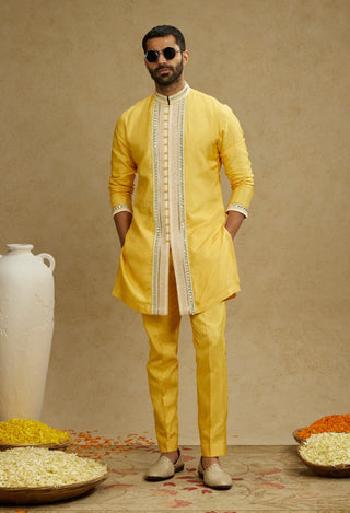 Sva By Sonam And Paras Modi Men Yellow Dandelion Front Open Embroidered Kurta And Pants available on indiaspopup
