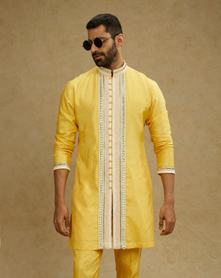 Sva By Sonam And Paras Modi Men Yellow Dandelion Front Open Embroidered Kurta And Pants available on indiaspopup