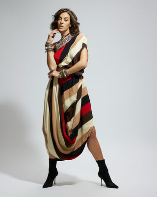 Sva By Sonam And Paras Modi Orange Samsara Stripe One Shoulder Cowl Dress And Belt available on indiaspopup
