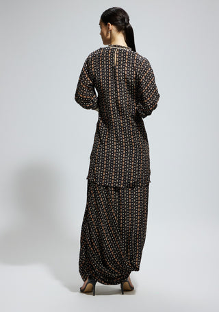 Sva By Sonam And Paras Modi Black Boho Printed Kurta And Drape Skirt available on indiaspopup