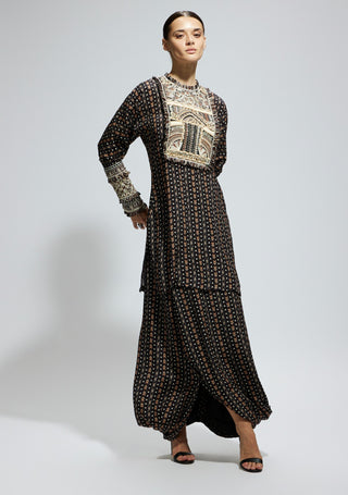 Sva By Sonam And Paras Modi Black Boho Printed Kurta And Drape Skirt available on indiaspopup
