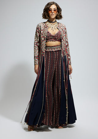 Sva By Sonam And Paras Modi Blue Threadwork Embellished Jacket, Bustier And Sharara available on indiaspopup