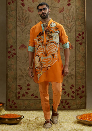 Sva By Sonam And Paras Modi Men Orange Mask Print Kurta available on indiaspopup