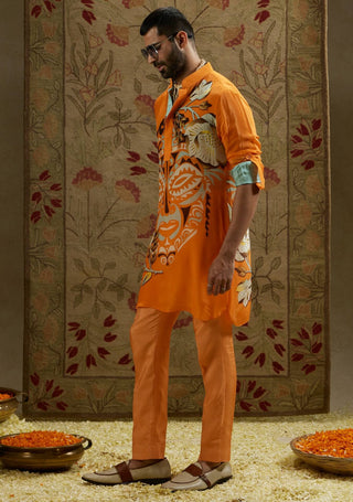 Sva By Sonam And Paras Modi Men Orange Mask Print Kurta available on indiaspopup