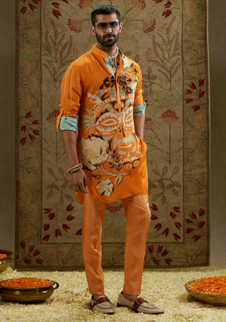 Sva By Sonam And Paras Modi Men Orange Mask Print Kurta available on indiaspopup