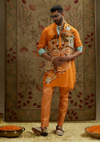 Sva By Sonam And Paras Modi Men Orange Mask Print Kurta available on indiaspopup
