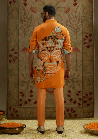 Sva By Sonam And Paras Modi Men Orange Mask Print Kurta available on indiaspopup