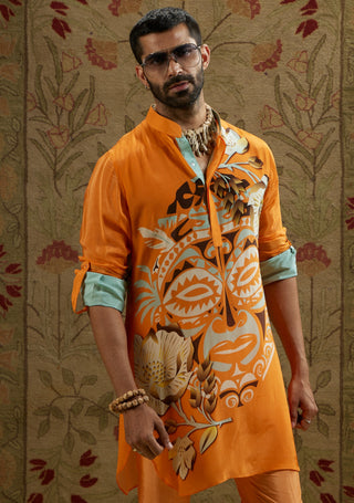Sva By Sonam And Paras Modi Men Orange Mask Print Kurta available on indiaspopup