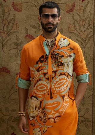 Sva By Sonam And Paras Modi Men Orange Mask Print Kurta available on indiaspopup