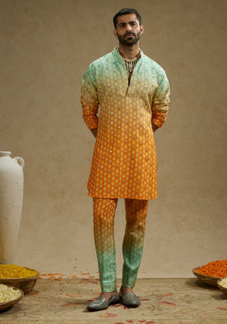 Sva By Sonam And Paras Modi Men Orange Blue Ombre Print Kurta And Pants available on indiaspopup