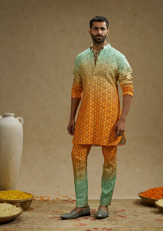 Sva By Sonam And Paras Modi Men Orange Blue Ombre Print Kurta And Pants available on indiaspopup