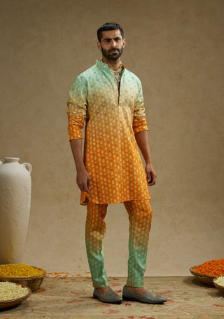 Sva By Sonam And Paras Modi Men Orange Blue Ombre Print Kurta And Pants available on indiaspopup