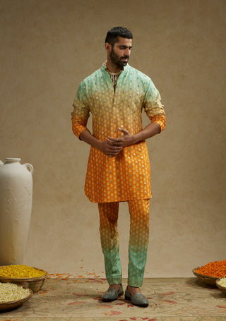 Sva By Sonam And Paras Modi Men Orange Blue Ombre Print Kurta And Pants available on indiaspopup