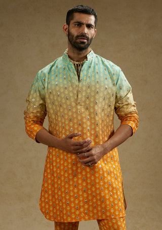 Sva By Sonam And Paras Modi Men Orange Blue Ombre Print Kurta And Pants available on indiaspopup