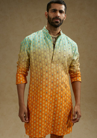 Sva By Sonam And Paras Modi Men Orange Blue Ombre Print Kurta And Pants available on indiaspopup