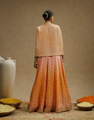 Sva By Sonam And Paras Modi Orange Pink Embellished Cape Jacket And Ombre Lehenga Set available on indiaspopup