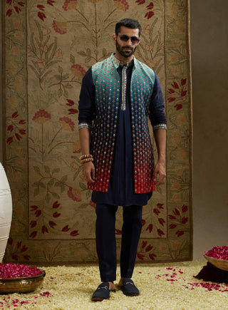 Sva By Sonam And Paras Modi Men Blue Red Ombre Embroidered Long Bundi available on indiaspopup