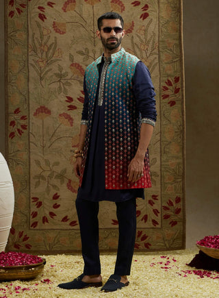 Sva By Sonam And Paras Modi Men Blue Red Ombre Embroidered Long Bundi available on indiaspopup