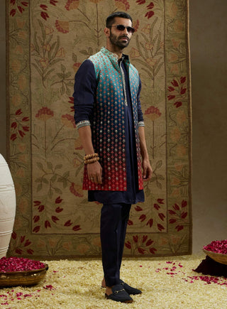 Sva By Sonam And Paras Modi Men Blue Red Ombre Embroidered Long Bundi available on indiaspopup