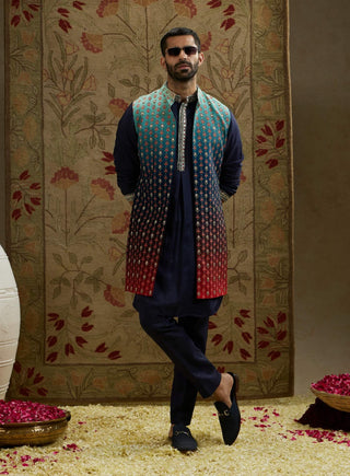 Sva By Sonam And Paras Modi Men Blue Red Ombre Embroidered Long Bundi available on indiaspopup